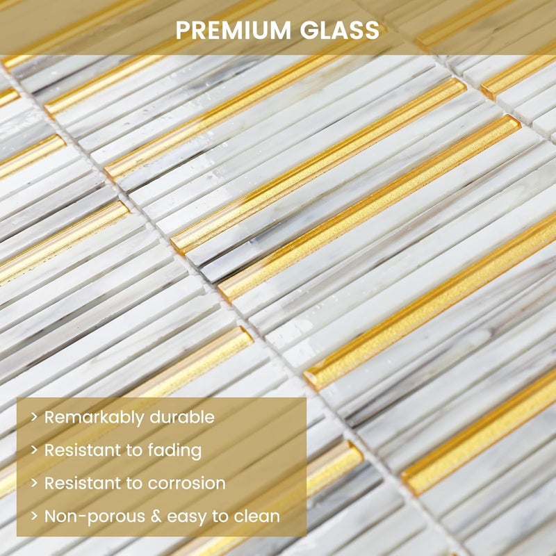 Adedeo Glass Backsplash Mosaic Tile Dazzling Gold White 12 x 12 Inch for Kitchen Backsplash Bathroom and Shower (5-Pack, 5 sq.ft.) - Image 5